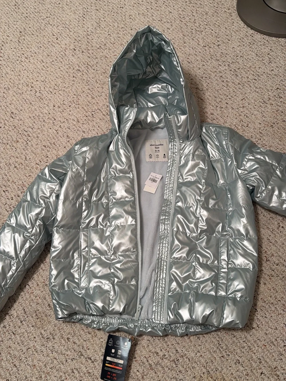 abercrombie kids metallic light blue puffer jacket with hood